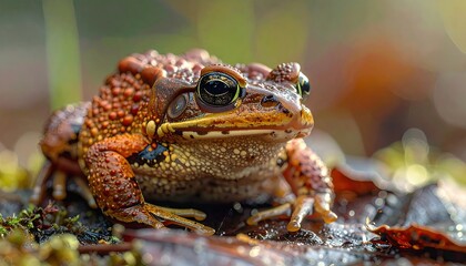 Obraz premium Brown Toad Resting on Leaf Litter in Natural Light with Soft Bokeh Background Close Up Detailed Animal Portrait in Forest