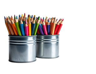 Vivid pencils in metal containers, arranged closely with dark background