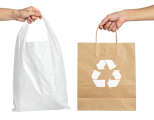 Hands holding a white plastic bag versus a brown paper bag with a recycle symbol