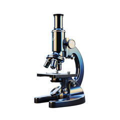 Detailed microscope for scientific research with reflective chrome finish on a black backdrop