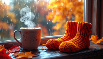 Cozy Autumn Hygge Scene with Knit Socks and PSL on Wooden Sill