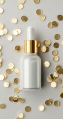 Elevated view of a sophisticated white cosmetic bottle with a gold cap, surrounded by a scattering of gold confetti, showcasing a modern and luxurious aesthetic.