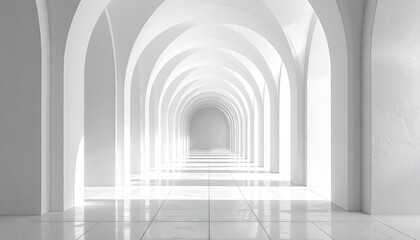 Bright White Archway Perspective View with Repeating Arches and Columns Under Strong Lighting in a Minimalist Interior Design