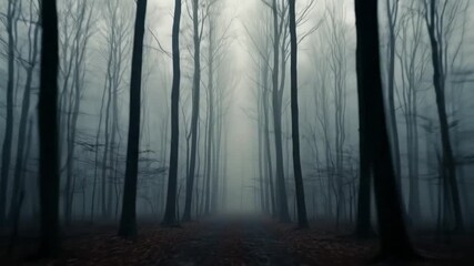 Mysterious foggy forest pathway horror scene, dramatic slow to fast dolly forward motion