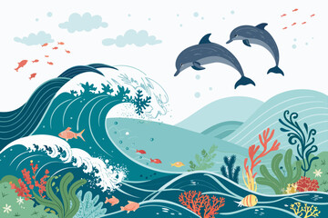 Vibrant Ocean Waves With Dolphins Jumping Bold Professional Photo