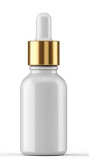 A glossy white bottle with a gold dropper top is highlighted against a plain white background.