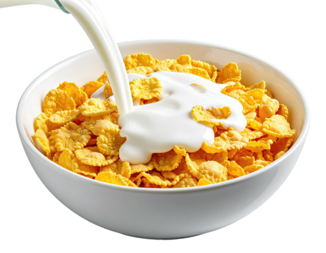 White milk pouring into a white bowl of golden, crispy cereal flakes