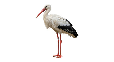 Isolated stork standing tall looking right, elegant bird with white and black plumage outdoors