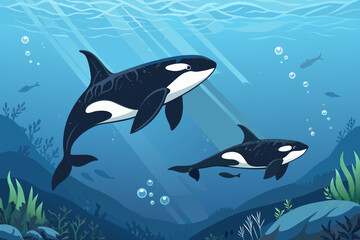 Fototapeta premium Crisp Orcas Swimming Deep Sea Bold Marine Professional Photo