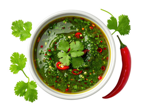 Overhead shot of a bowl of green sauce with cilantro and red chili garnish