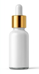 A blank, white glass dropper bottle with a gold-toned cap, perfect for showcasing a product design.