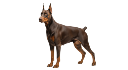 Isolated Doberman Pinscher standing attentively looking off camera in full length studio shot