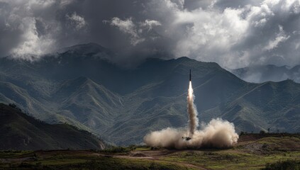 War missile launching from mountainous terrain, surrounded by dramatic clouds, symbolizing tension and conflict during an economic crisis, showcasing military power and technology
