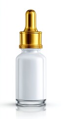 Elegant,  white glass dropper bottle with a gold cap, perfect for showcasing a skincare product.