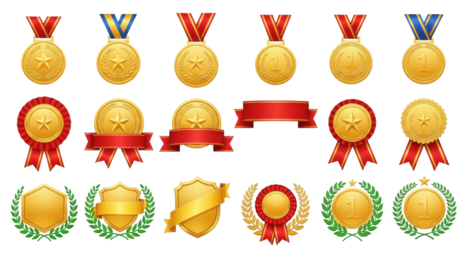 Isolated collection of gold medals and award ribbons for sport or achievement competition