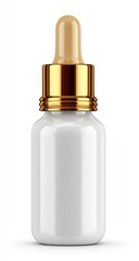 A polished white glass bottle with a gold dropper top presents a sophisticated and elegant aesthetic.