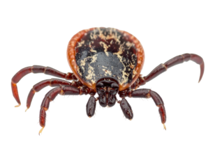 A close-up of a tick with a patterned back and eight legs on a black backdrop
