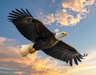 Obraz premium Majestic bald eagle soaring through a vibrant sunset sky