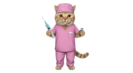 Isolated cat dressed as a doctor with a syringe and vial in its paws, looking at viewer