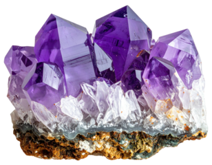 A cluster of vibrant purple amethyst crystals. They sit on a rough, earthy base