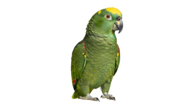 Isolated parrot is standing on a white surface and looking to the right attentively