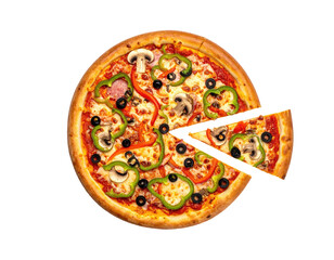 Overhead view of a fully loaded pizza with a slice cut out on a dark background