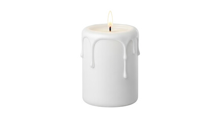 Isolated wax candle with burning wick and drips of wax, home decoration element