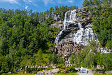 Tvindefossen is a breath-taking waterfall which has a drop of 110 metres with multiple elegant levels and is a very popular tourist attraction. Myths even say that the water is a fountain of youth. Th