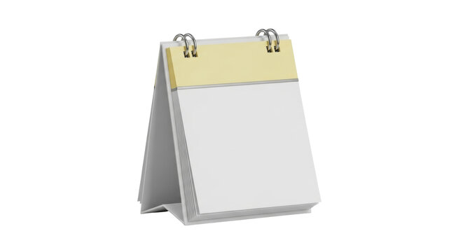 Isolated blank desk calendar with flip-style pages, golden top, metal rings, and realistic look - Powered by Adobe