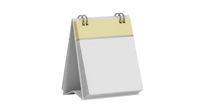 Isolated blank desk calendar with flip-style pages, golden top, metal rings, and realistic look