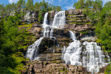 Tvindefossen is a breath-taking waterfall which has a drop of 110 metres with multiple elegant levels and is a very popular tourist attraction. Myths even say that the water is a fountain of youth. Th