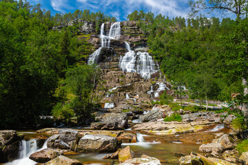 Tvindefossen is a breath-taking waterfall which has a drop of 110 metres with multiple elegant levels and is a very popular tourist attraction. Myths even say that the water is a fountain of youth. Th