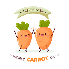 Two funny carrots celebrating the world carrot day. Isolated vector illustration