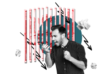 Composite trend artwork 3D sketch image photo collage of investor trader business work young man angry scream crisis loss money decrease