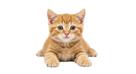 Isolated orange tabby kitten looking at the camera, resting down low with paws extended