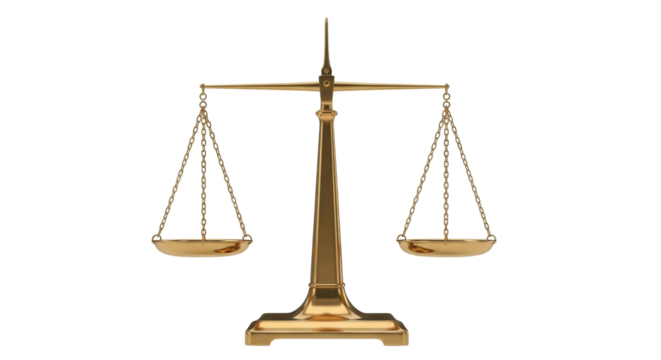 Isolated golden scale for law firm or lawyer representing balance, justice, and fairness