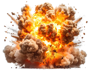 A massive explosion of fire, smoke, debris, and turbulent energy in full effect