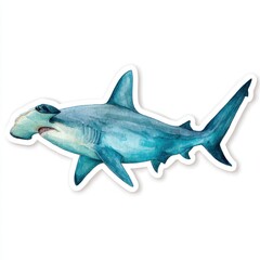 Fototapeta premium Watercolor hammerhead shark illustration with blue hues showcasing distinctive head shape and fins