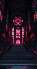 Dramatic view down a grand staircase towards a large rose window illuminated by red light