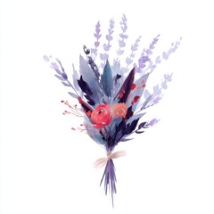Obraz premium Watercolor bouquet featuring red roses lavender and dark foliage tied with a ribbon