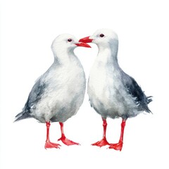Obraz premium Watercolor painting of two seagulls with red beaks and feet facing each other