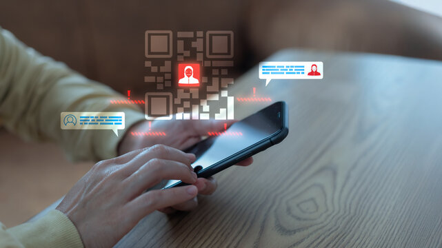 Cybersecurity threat with QR code scam and mobile phishing attack concept, hacker symbol, and warning icons on smartphone to illustrate digital fraud and data risk. - Powered by Adobe