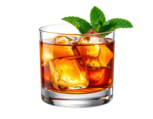 A refreshing cocktail, golden amber liquid with ice, mint garnish, black background