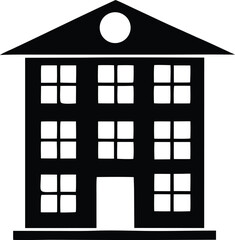 Simple black and white icon of a multi-story building with attic window great for educational or residential themes