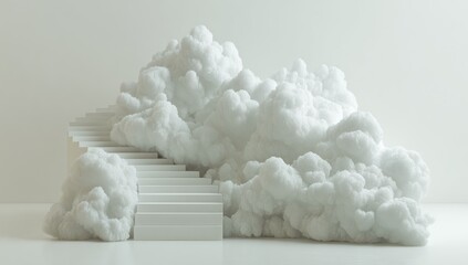 A spiral staircase ascends through a voluminous cloud of soft white puffs in a minimalist, tranquil setting.