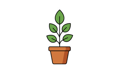 Obraz premium A simple cartoon illustration of a green leafy plant growing in a brown terracotta pot on a white background.