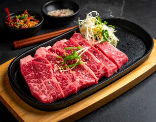 Raw beef slices on a hot plate, with sides