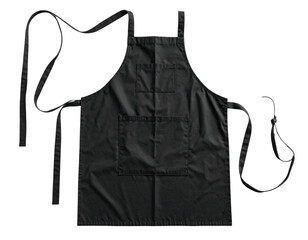 A black apron with pockets and long ties, laid flat on a dark background