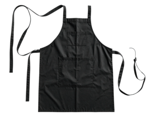 A black apron with pockets and long ties, laid flat on a dark background