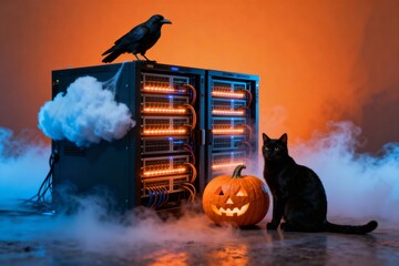 Spooky Halloween Server Rack Cloud Computing Data Center with Black Cat and Crow